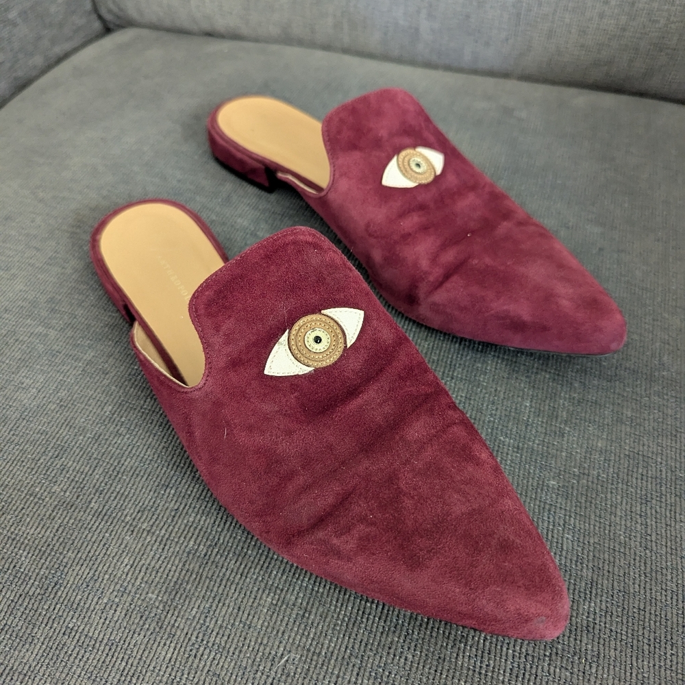 Anthropologie Burgundy Suede Mules with Eye Embroidery